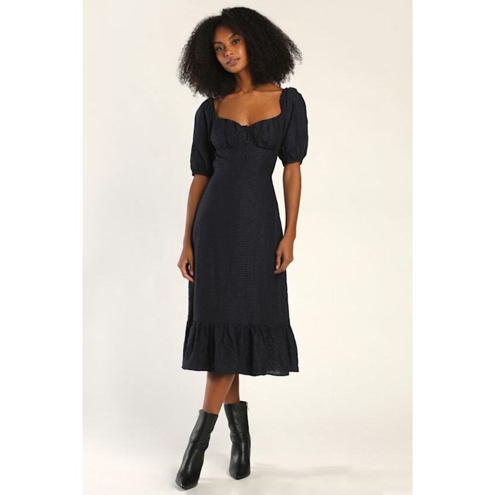 Lulus Charming Cutie Navy Blue Puff Sleeve Backless Midi Dress - Size L